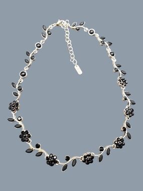 Christina Collection Vintage Black Rhinestone Flower Vine Choker Necklace Silver